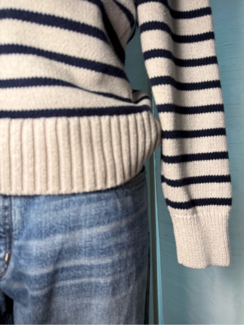 J. Crew Men’s Cream and Navy Striped Shawl Neck Sweater - Picture 9 of 10